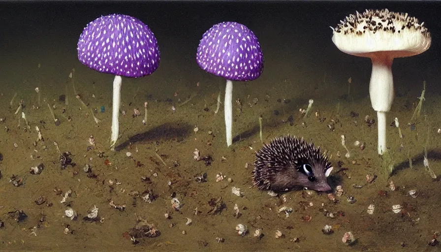 Prompt: painting by borremans, hedgehog with purple needles hides under fly agaric from the rain, detailed, stunning