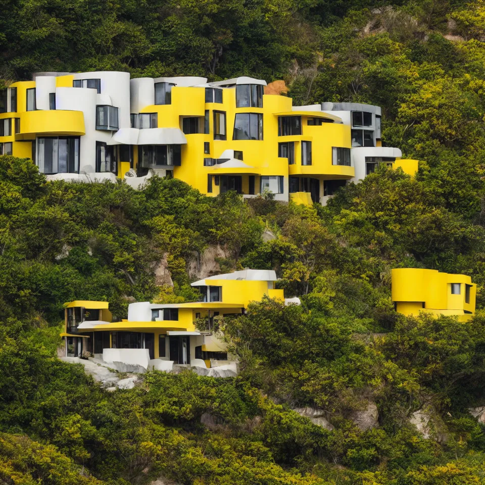 Prompt: a mid-century modern house on a cliff, designed by Frank Gehry. Big tiles. Small wooden pathway . Film grain, cinematic, yellow hue