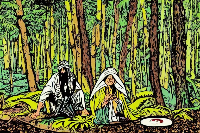 Prompt: a shaman in the forest, by roy lichtenstein, illustation, 8 k, extreme detail, sharp focus