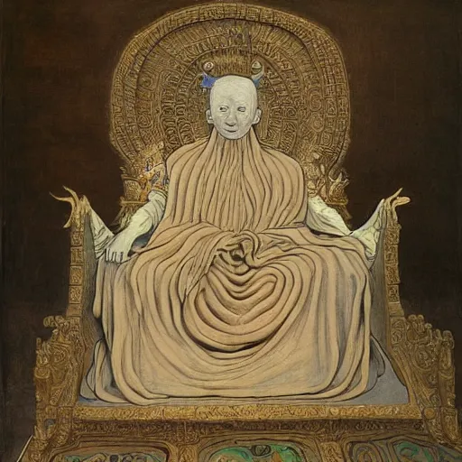 Prompt: tiny albino man curled up, weeping, in huge bronze throne :: Tang dynasty robes :: viewed in profile :: shaft of light being cast from top left of image to middle right, where tiny albino man sits :: famous painting by Rembrandt, Beksinski, H.R. Giger, and Bosch