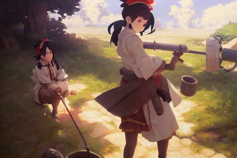 Image similar to baroque oil painting of anime key visual concept art of anime maid operating mortar 1 9 4 0 trenches colorized, trending on artstation, palette knife and brush strokes, oil on canvas, makoto shinkai greg rutkowski studio ghibli