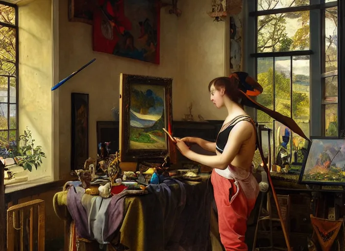 Image similar to a young painter in his studio painting a picture of a colourful pokemon, by edgar maxence and caravaggio and michael whelan and delacroix style, artistic, intricate drawing, cinematic lighting, hyper realistic, extremely detailed, establishing shot, 8 k resolution, dramatic lighting