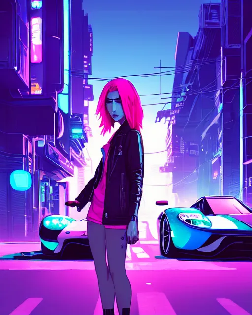 Prompt: digital illustration of cyberpunk pretty girl with pink hair, standing by a blue ford gt in a street at night, under streetlights, by makoto shinkai, ilya kuvshinov, lois van baarle, rossdraws, basquiat