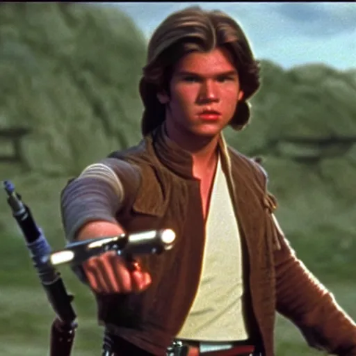 Image similar to A full color still from a film of a teenage Han Solo as a Jedi padawan holding a lightsaber hilt, from The Phantom Menace, directed by Steven Spielberg, 35mm 1990