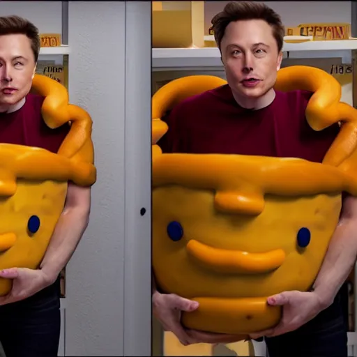 Image similar to photo of elon musk cosplaying as a mac and cheese costume, highly detailed, extremely high quality, hd, 4 k, 8 k, professional photographer, 4 0 mp, lifelike, top - rated, award winning, cinematic, realistic, detailed lighting, detailed shadows, sharp, no blur, edited, corrected, trending