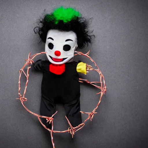 Image similar to freaky scary clown plush wrapped in barbed wire and networking cables against a dark grey silk backdrop