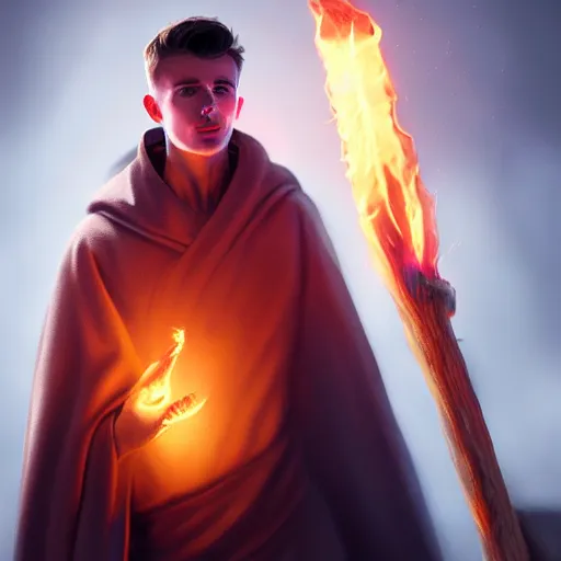 Prompt: Mason Mount wearing hooded robe holding a glowing fire magical staff. Trending on Artstation, octane render, ultra detailed, art by Ross tran