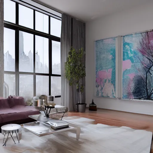 Image similar to modern loft overlooking central park in a blizzard, sketch over watercolor lines, artstation, pastels, octane, unreal engine, dynamic