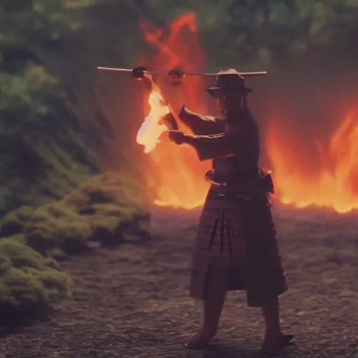 Image similar to cinematic film still Pharrell Williams starring as a Samurai holding fire, Japanese CGI, VFX, 2003, 40mm lens, shallow depth of field,film photography