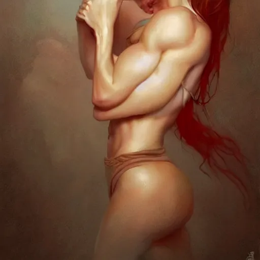 Image similar to painting of a very beautiful girl with muscles, by tom bagshaw, greg rutkowski, wlop