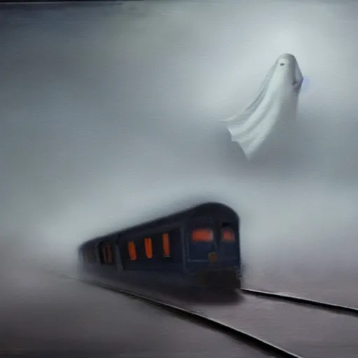 Prompt: ominous bedsheet ghost floating in front of a train, oil painting, brush strokes, gloomy foggy atmosphere, symmetrical, full body image, highly ornate intricate details,