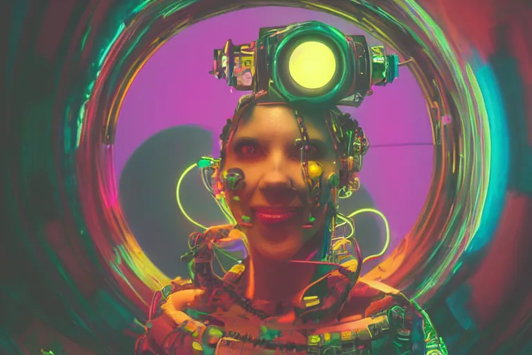 Image similar to friendly cyborg - clowngirl emerging from a space portal in cyberspace, fractaling outwards, in 1 9 8 5, y 2 k cutecore clowncore, bathed in the glow of a crt television, crt screens in background, low - light photograph, in style of tyler mitchell