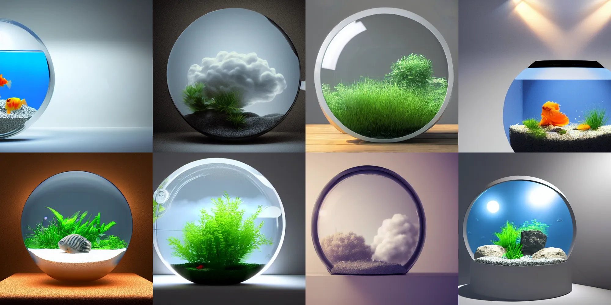 Prompt: cloud in a round fishtank in front of a window, back light, goldfish, hyper realistic, octane render