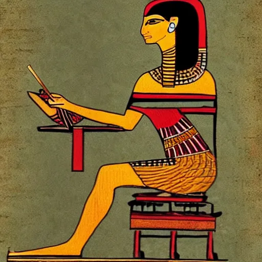 Image similar to Ancient Egypt Art, art of A person using a computer in art style of ancient art, fragmented, a person using a computer!!!!! Ancient Egypt art