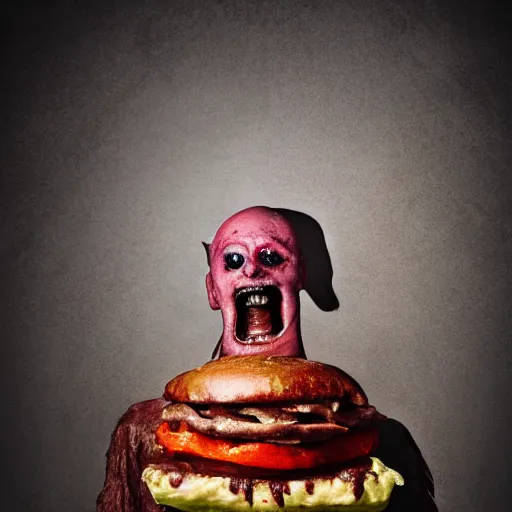 Image similar to a humanoid bipedal upright zombie that strongly resembles a hamburger, professional food photography