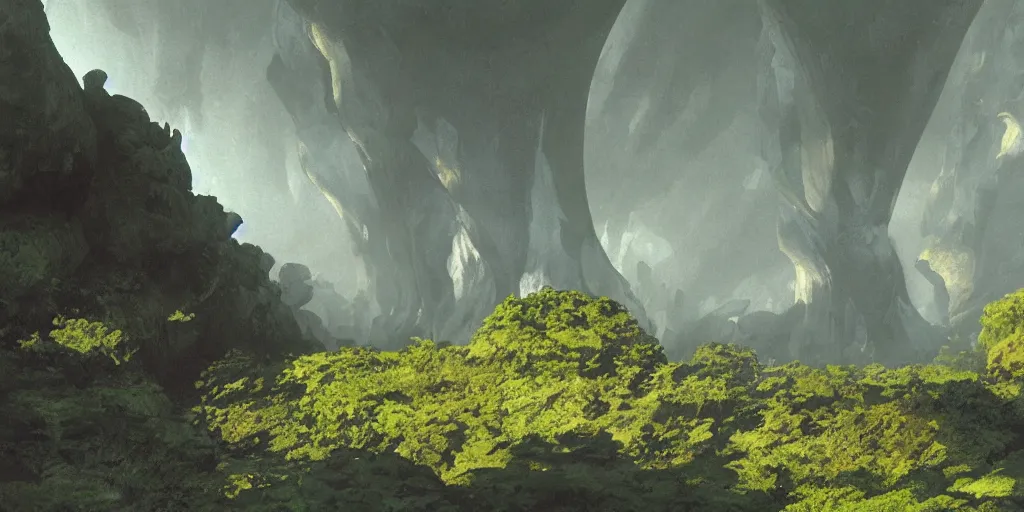 Image similar to a twirly architectural monument right in the middle of a huge crater in a tropical forest, ralph maquarrie and syd mead cinematic matte painting, 4 k