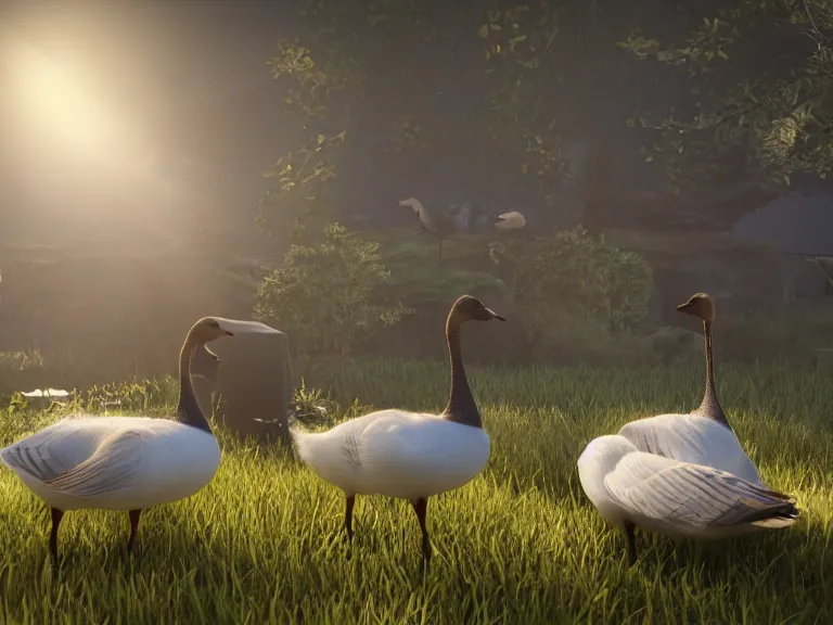 Image similar to geese dreaming of a better life, where no one will harm them, where love conquers all, 8 k, ultra realistic, lens flare, atmosphere, glow, detailed, intricate, full of colour, cinematic lighting, trending on artstation, 4 k, hyperrealistic, focused, extreme details, unreal engine 5, cinematic, masterpiece