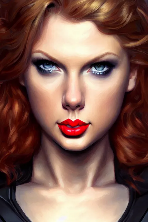 Image similar to taylor swift as black widow, realistic portrait, symmetrical, highly detailed, digital painting, artstation, concept art, smooth, sharp focus, illustration, cinematic lighting, art by artgerm and greg rutkowski and alphonse mucha