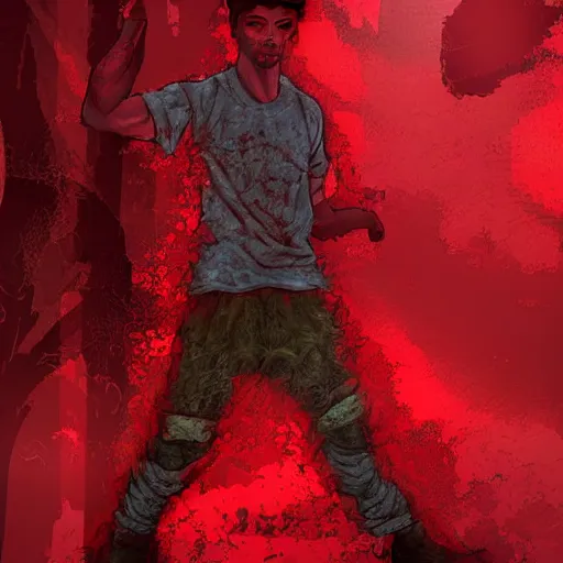 Image similar to detailed half body digital art for a game of a person wearing ragged and ruined clothes merged with mushrooms. the background is pure red. dramatic camera angle