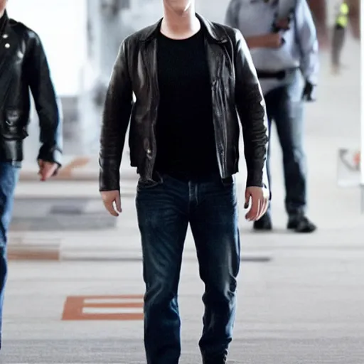 Image similar to Mark Zuckerberg plays Terminator, wearing leather jacket, red eye, VFX film