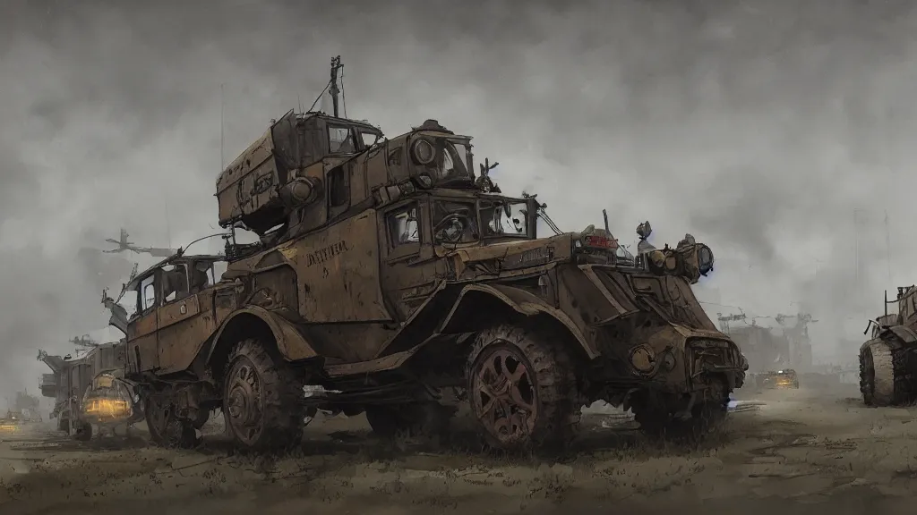 Image similar to overview of dieselpunk vehicles, watercolored, jakub rozalski, dark colours, dieselpunk, artstation