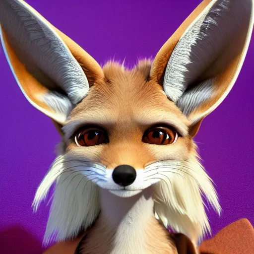 Image similar to a highly detailed portrait of a humanoid light brown fennec fox, with a white muzzle, bright orange eyes, in a purple cloak, artstation, DeviantArt, professional, octane render