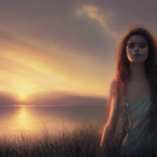 Image similar to beautiful young woman by the lake, sunset, hair waving in the wind, high detail, dramatic light, digital art, chiaroscuro, painted by seb mckinnon and greg rutkowski, trending on artstation