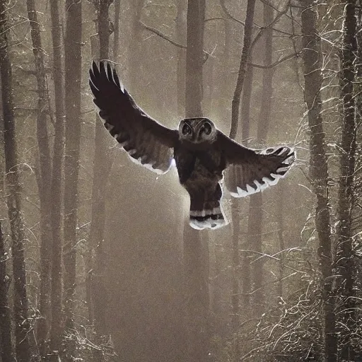 Prompt: huge owl with outstretched wings flapping flying at night through fog talons reaching for prey rabbit killing in the forest lit by the full moon fog moving through feathers