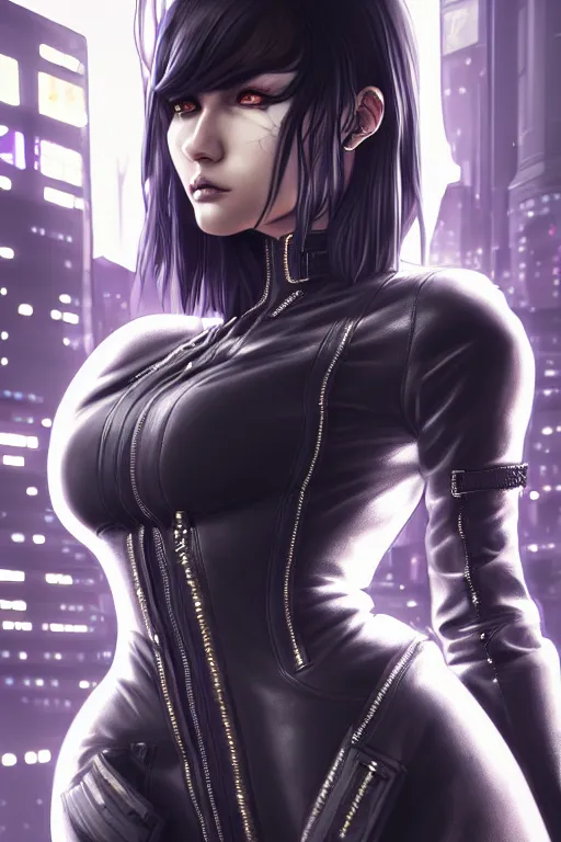 Prompt: hyperdetailed very close portrait of a stunning european woman with grey eyes in a leather suit with a pin in a cyberpunk city inspired by ross tran and wlop and masamune shirow and kuvshinov, concept art, intricate, photorealistic, octane render, rtx, hdr, unreal engine, dnd digital art by artgerm