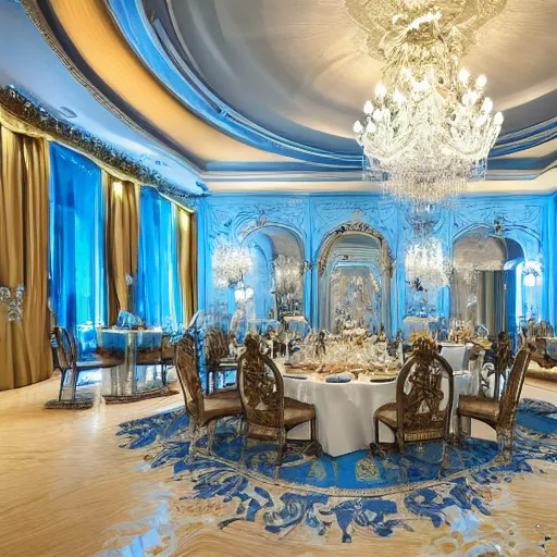 Image similar to a beautiful and elegant room designed with a combination of baroque and nanotechnology styles, large blue gem centerpiece, high tech features, complimentary colors