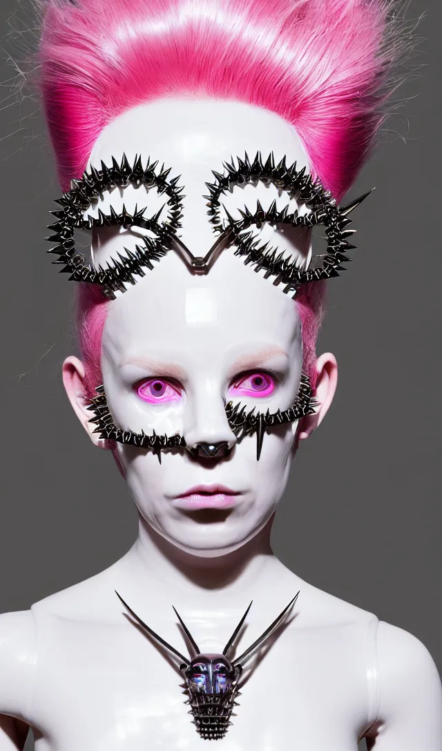 Image similar to symmetrical portrait of a biomechanical demoness wearing a steel spikes studded iridescent beauty mask and pink hair buns, wearing a black bodysuit by alexander mcqueen, cream white background, soft diffused light, biotechnology, humanoid robot, perfectly symmetric, bjork aesthetic, translucent, by rineke dijkstra, intricate details, highly detailed, masterpiece,