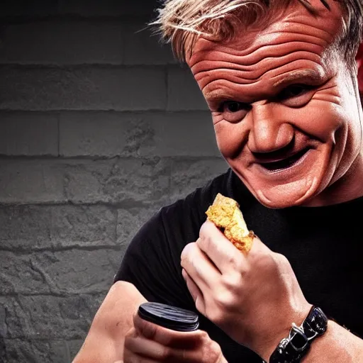 Image similar to Gordon Ramsey eating bricks, crying, photo, crisp, 8k