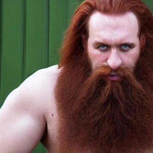 Prompt: burly russian man with large jaw, medium - length red hair, short goatee, innocent green eyes, and broad shoulders