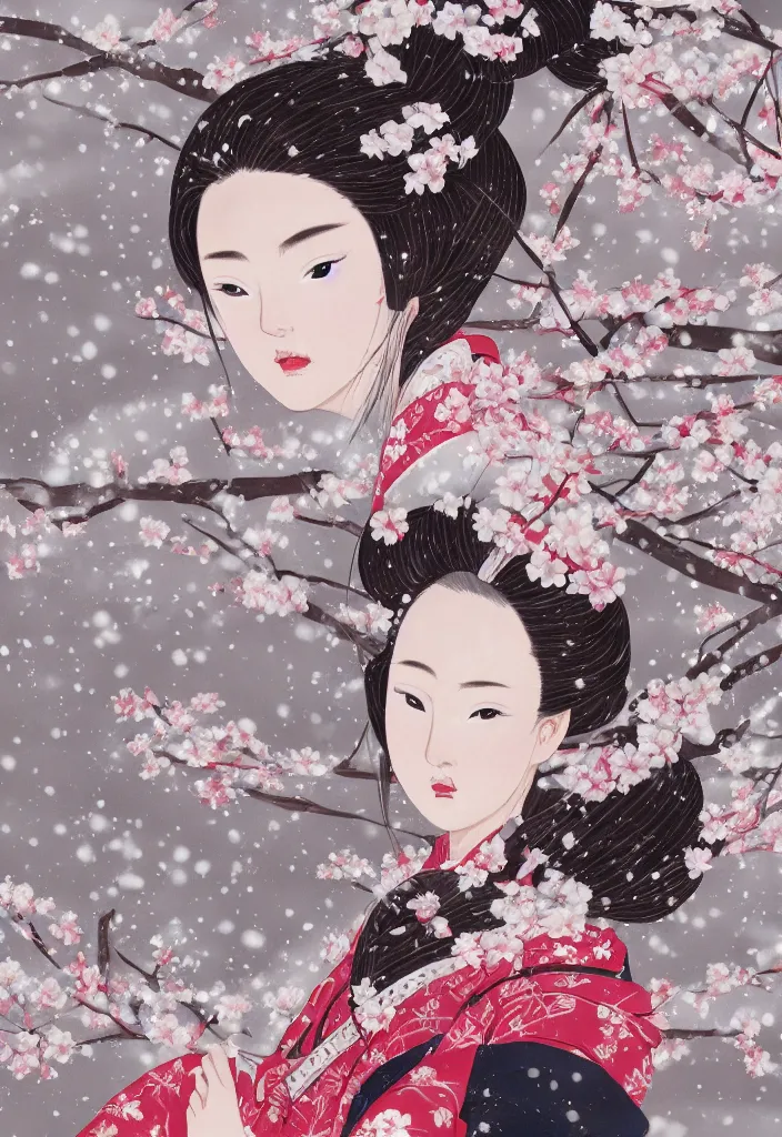 Prompt: detailed portrait of girl samurai in hakama with swords and rifles, in snow forest sakura cherry blossom, taisho roman, trending on artstation, elite, elegant, luxury, perfect face, fine details, realistic shaded, fine - face, pretty face