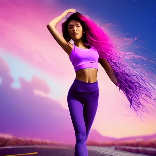 Image similar to a award winning half body shot of a beautiful woman in a croptop and leggings with a ombre purple pink teal hairstyle with head in motion and hair flying, outrun, vaporware, highly detailed, fine detail, intricate