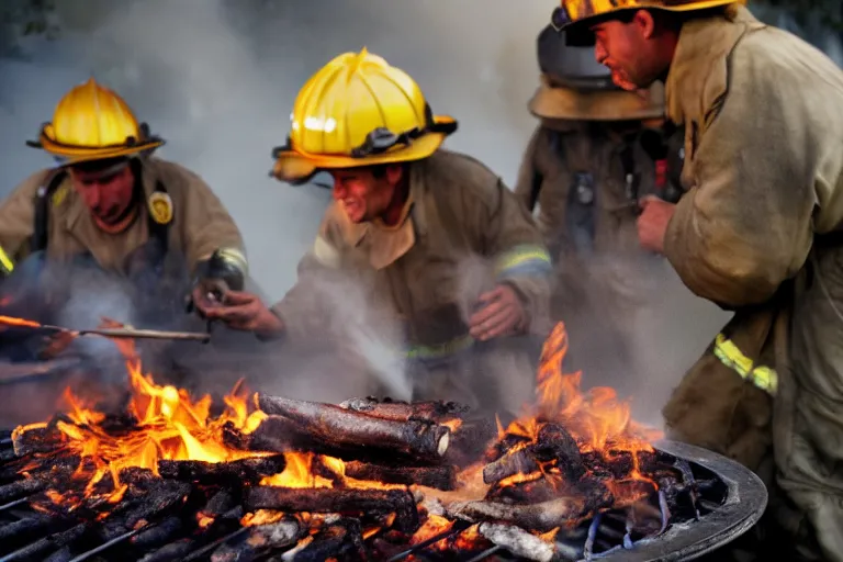 Prompt: closeup potrait firefighters having a barbecue in front of a house fire, natural light, sharp, detailed face, magazine, press, photo, Steve McCurry, David Lazar, Canon, Nikon, focus