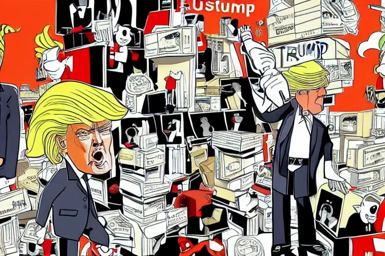 Prompt: 2 d poster illlustration donald trump and donald trump wearing trenchcoats and black spy hats and stacks of boxes for the movie spy vs spy