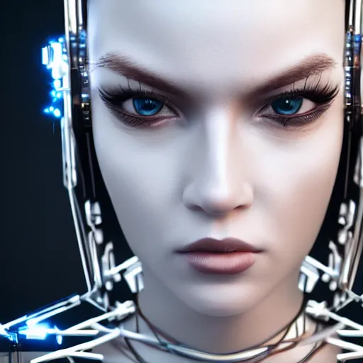 Prompt: beautiful angry cybernetic goddess, symmetrical, cinematic, hyper realism, high detail, octane render, 8k