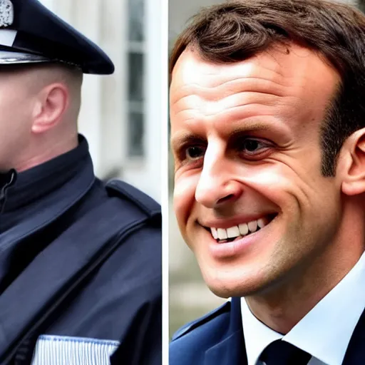 Prompt: a policeman with the face of emmanuel macron