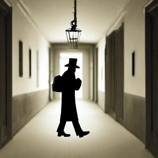 Image similar to Invisible man in coat and hat and shoes walking in an old house with a small corridor, digital artstyle drawn, trending on fiverr, 40nm lens, shallow depth of field,