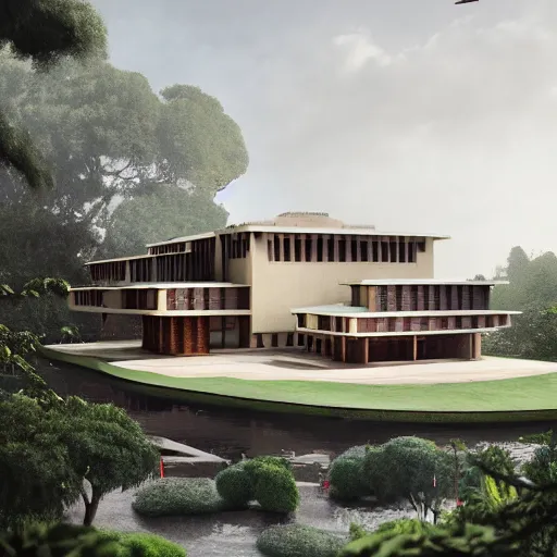 Image similar to modernist beige house inspired by tibetan palace, built like a stadium with atrium in the middle, on a hill surrounded by big trees, dramatic lighting, artstation, realistic rendering, unreal engine, octane render, raphael lacoste, simon stalenhag, frank lloyd wright, helicopter view