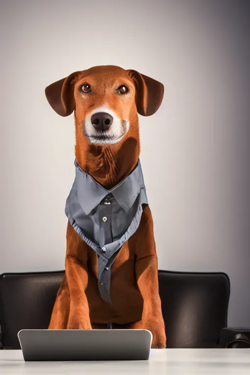 Prompt: anthropomorphic dog that looks like a human, wearing a shirt, business attire, sitting at a desk with a laptop, realistic, colored studio lighting, professional photography, nikon 5 0 mm f / 1. 8 g, canon