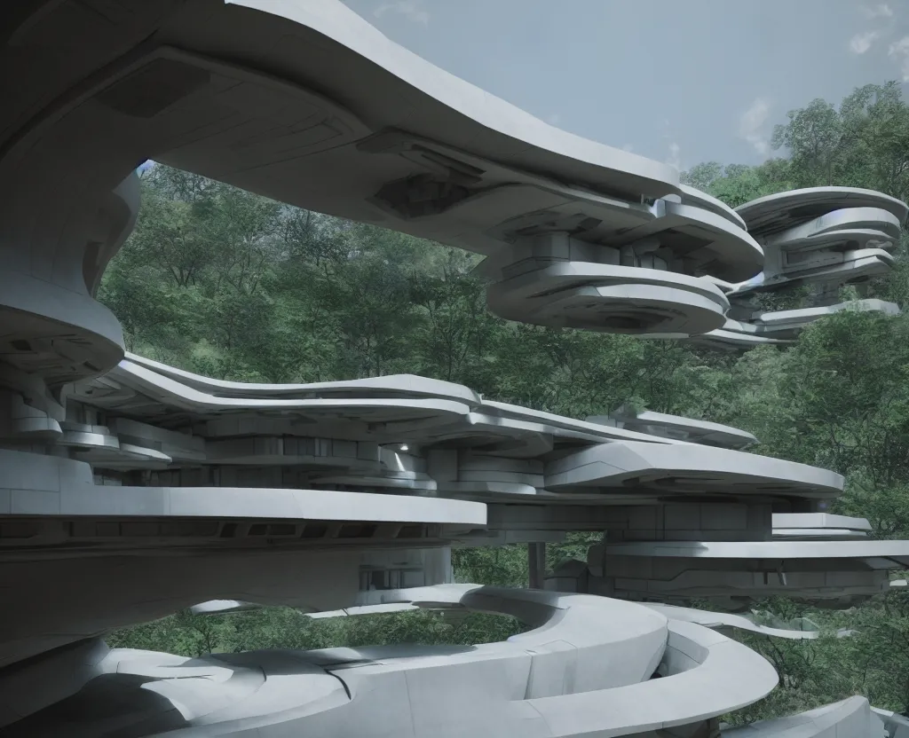 Prompt: futuristic sci-fi articulate rural architectural masterpiece by frank Lloyd wright and Zaha hadid, detailed, octane render, photo realism, 3D, ray tracing, photo realism