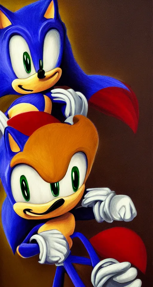 Image similar to sonic the hedgehog studious portrait painting, chiaroscuro, oil painting