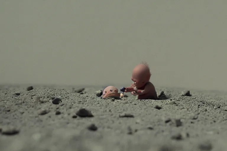 Image similar to vfx movie scene closeup adorable tiny little baby alien creature in moon desert eating a rock. by emmanuel lubezki