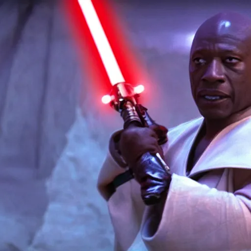 Image similar to gucci mane holding a lightsaber as mace windu in star wars episode 3, 8k resolution, full HD, cinematic lighting, award winning, anatomically correct