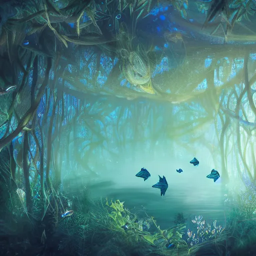 Prompt: school of fish swimming in the magical forest under the water , dreamy, magical effect, glowing effect, devianart, artstation, hyperreal, hyperdetailed, illustration