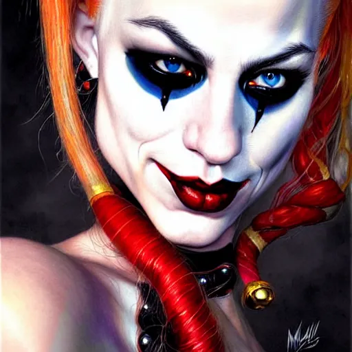 Image similar to portrait of flawless beautiful harley quinn with blonde and red dreadlocks, dark, piercing eyes, exotic expression, esoteric clothing, photorealistic, highly detailed, mysterious lighting, artstation, smooth, sharp focus, art by michael whelan, artgerm, greg rutkowski and luis royo