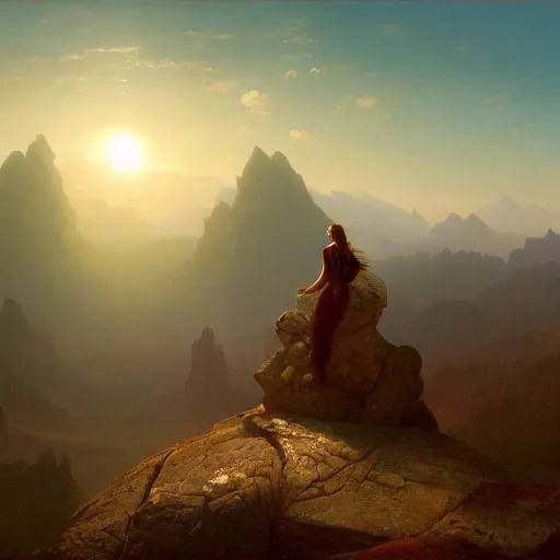 Image similar to an ultradetailed matte landscape painting of mountain sized sculpture of a beautiful and elegant woman, sunrise on the horizon in the background, stone hand raised up, 8 k, art by greg rutkowski and albert bierstadt