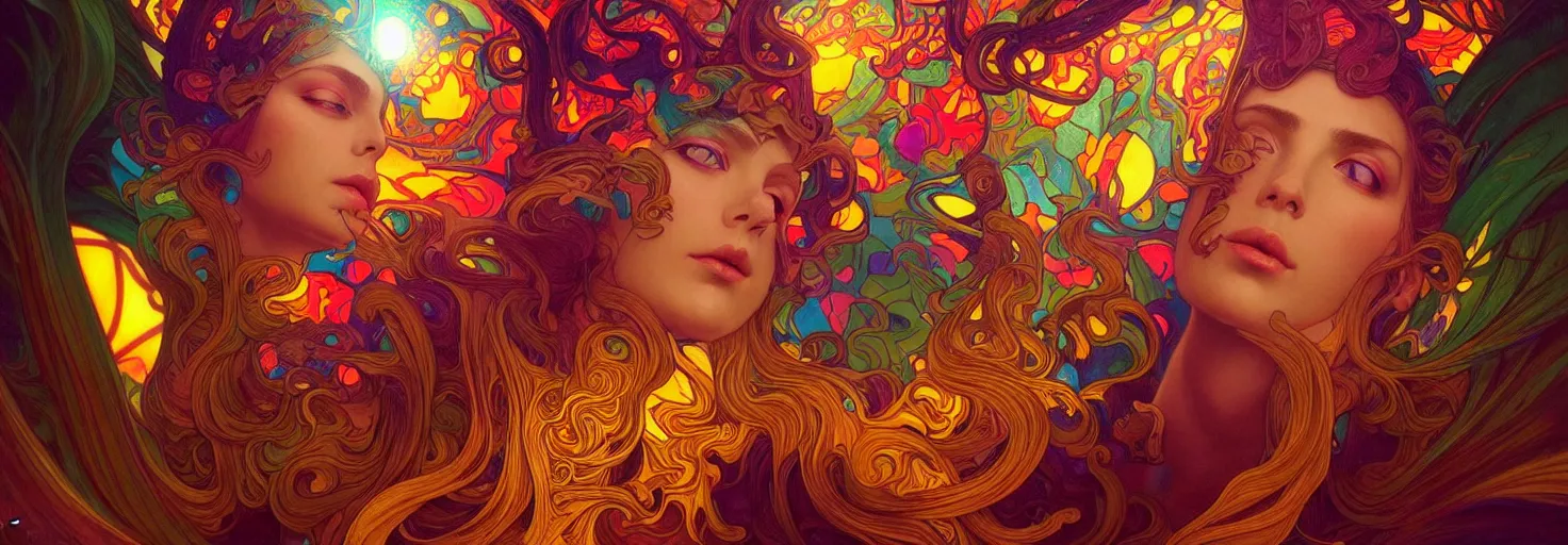 Image similar to An extremely psychedelic experience, colorful, surreal, dramatic lighting, psilocybin, LSD, centered, face, detailed, intricate, elegant, highly detailed, digital painting, artstation, concept art, smooth, sharp focus, illustration, art by Marco Plouffe, Krenz Cushart and Artem Demura and alphonse mucha